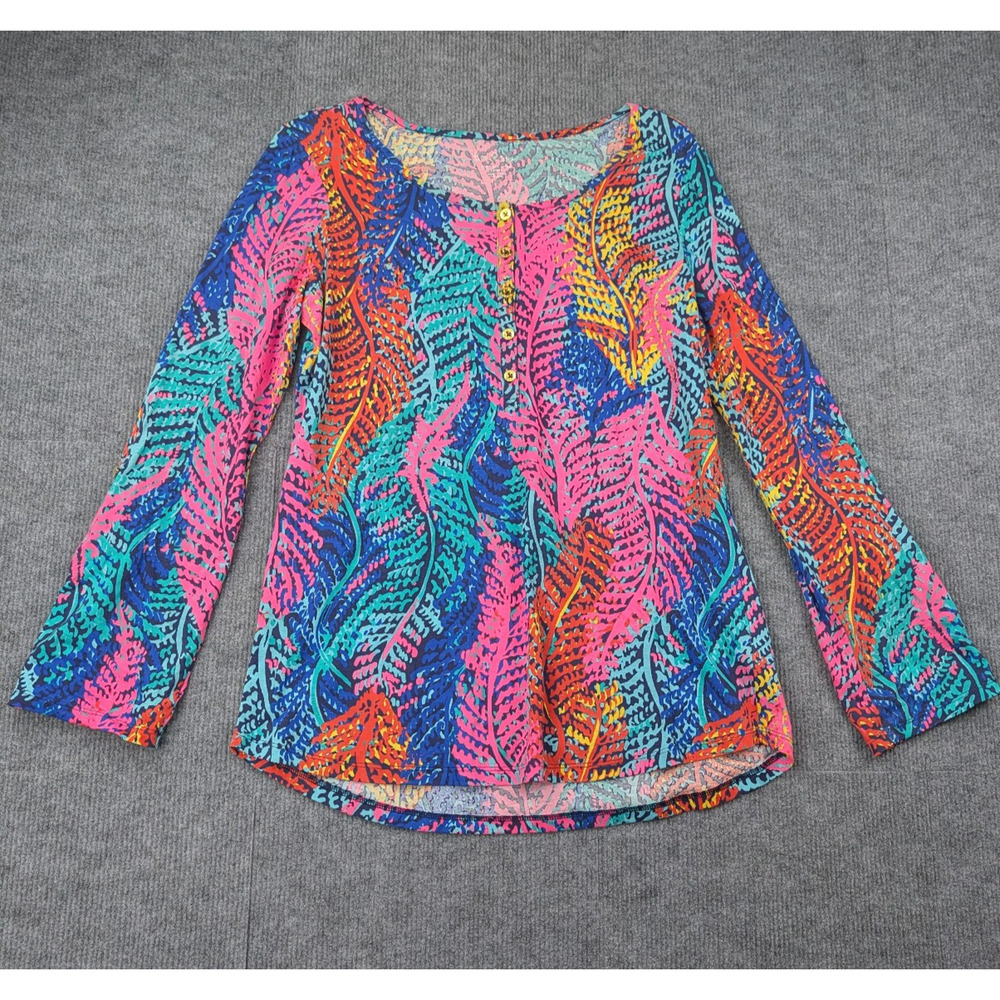 Lilly Pulitzer Henley Womens Large Electric Feel Pima Cotton Roll Tab Resort